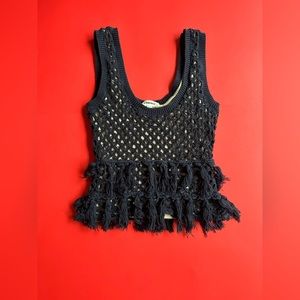 L’agence Silk Cotton Blend Bohemian Crochet Tassel Cropped Sleeveless Blouse